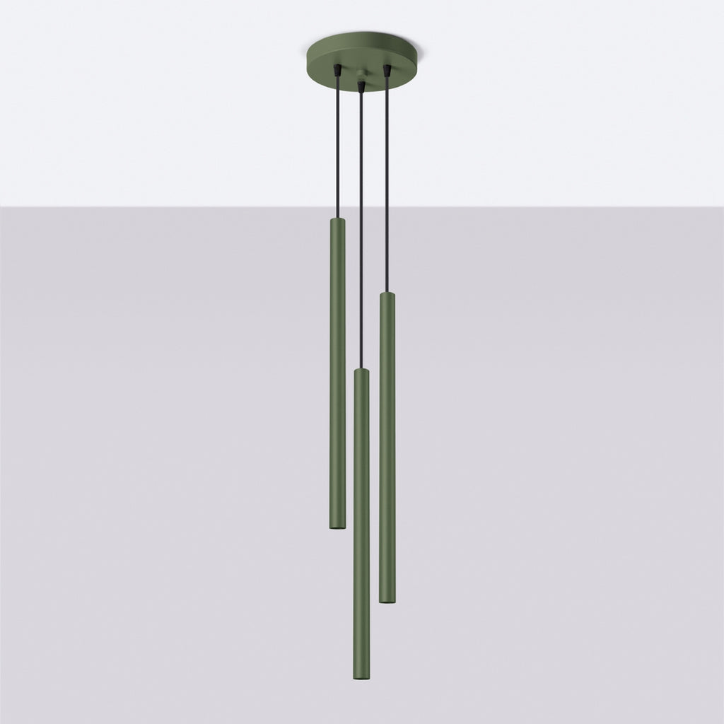Suspension Pastelo 3 en grappe tubes fins vert olive G9 de profil