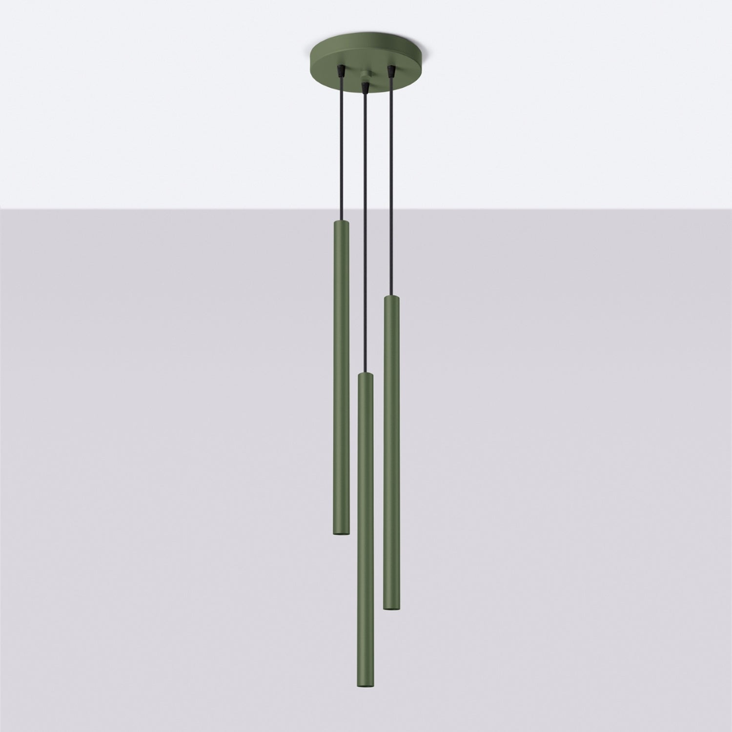 Suspension Pastelo 3 en grappe tubes fins vert olive G9 de profil