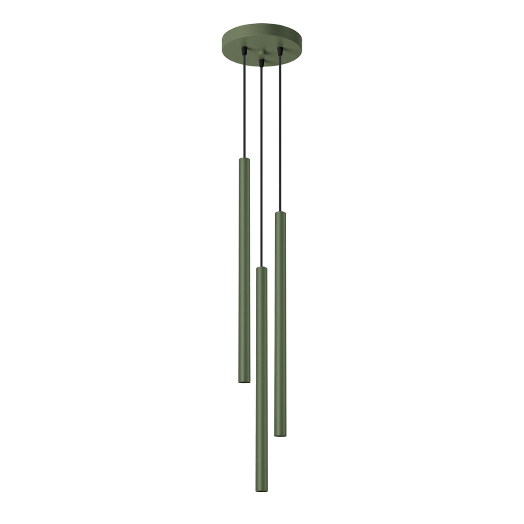 Suspension Pastelo 3 en grappe tubes fins vert olive G9, fin tube effilé en acier laqué