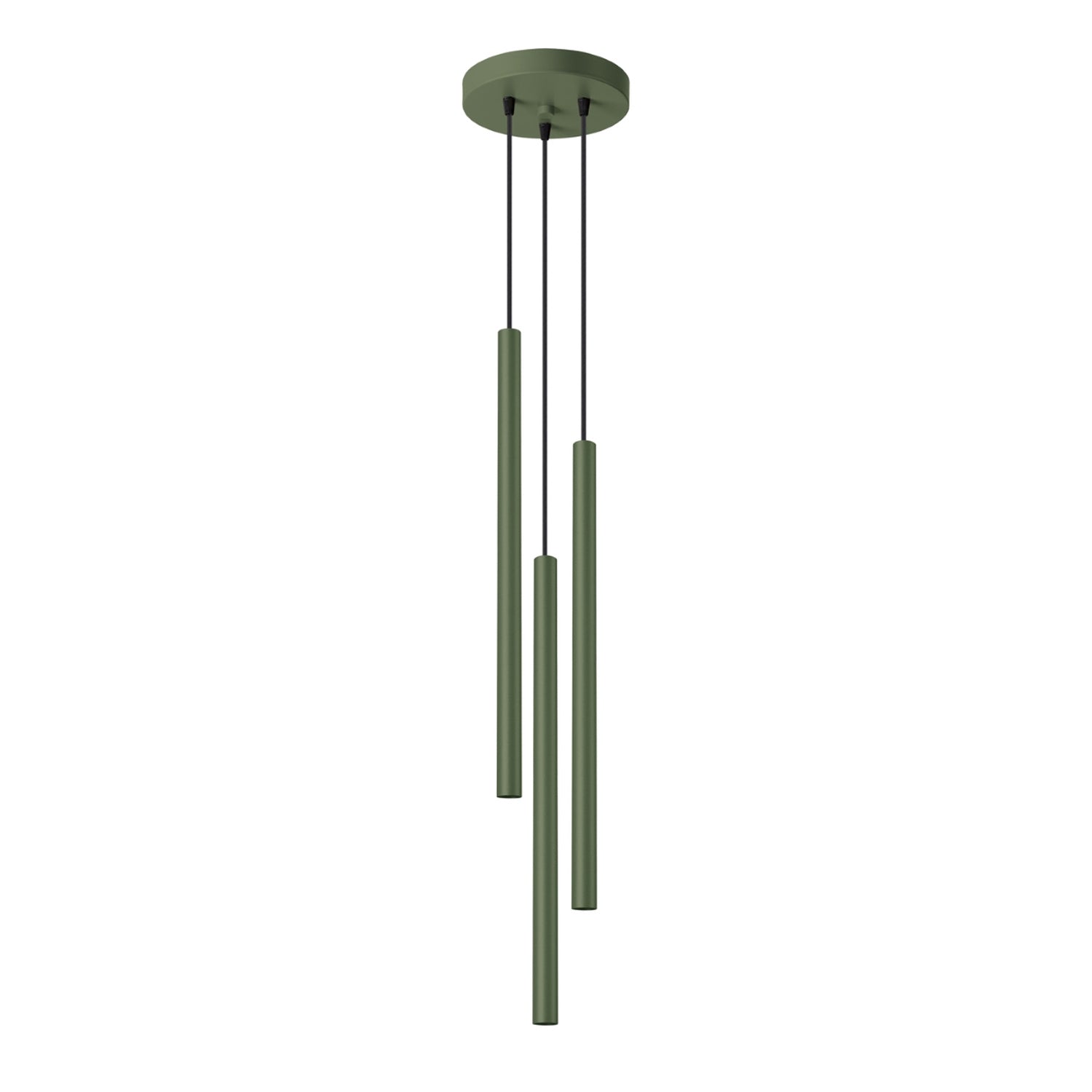 Suspension Pastelo 3 en grappe tubes fins vert olive G9, fin tube effilé en acier laqué