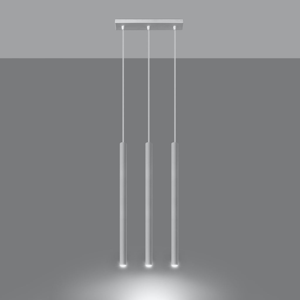 Suspension Pastelo 3 en ligne acier blanc allumée, faisceaux dirigés vers le bas