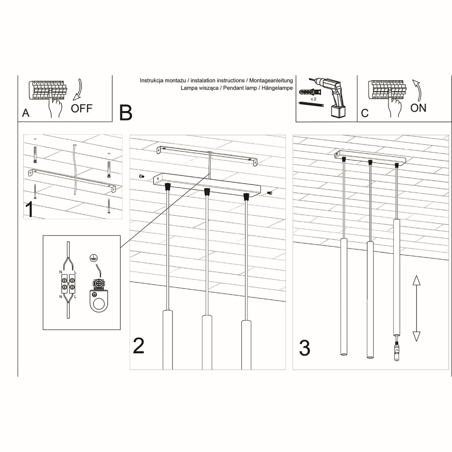 Schéma de montage de la suspension Pastelo 3 en ligne acier noir