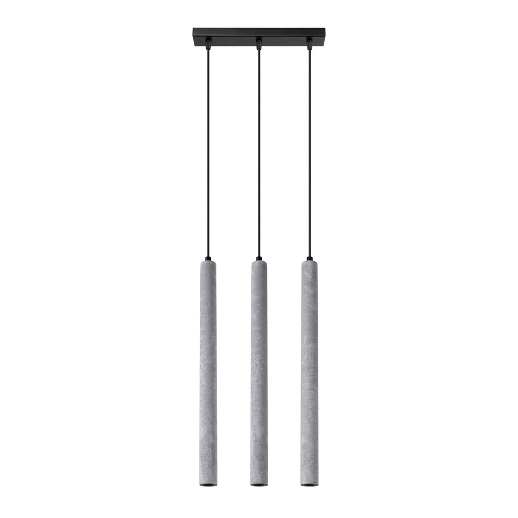 Suspension Pastelo 3 en ligne tubes fins béton gris G9, trois fins tubes de béton gris brut en ligne sous une barre