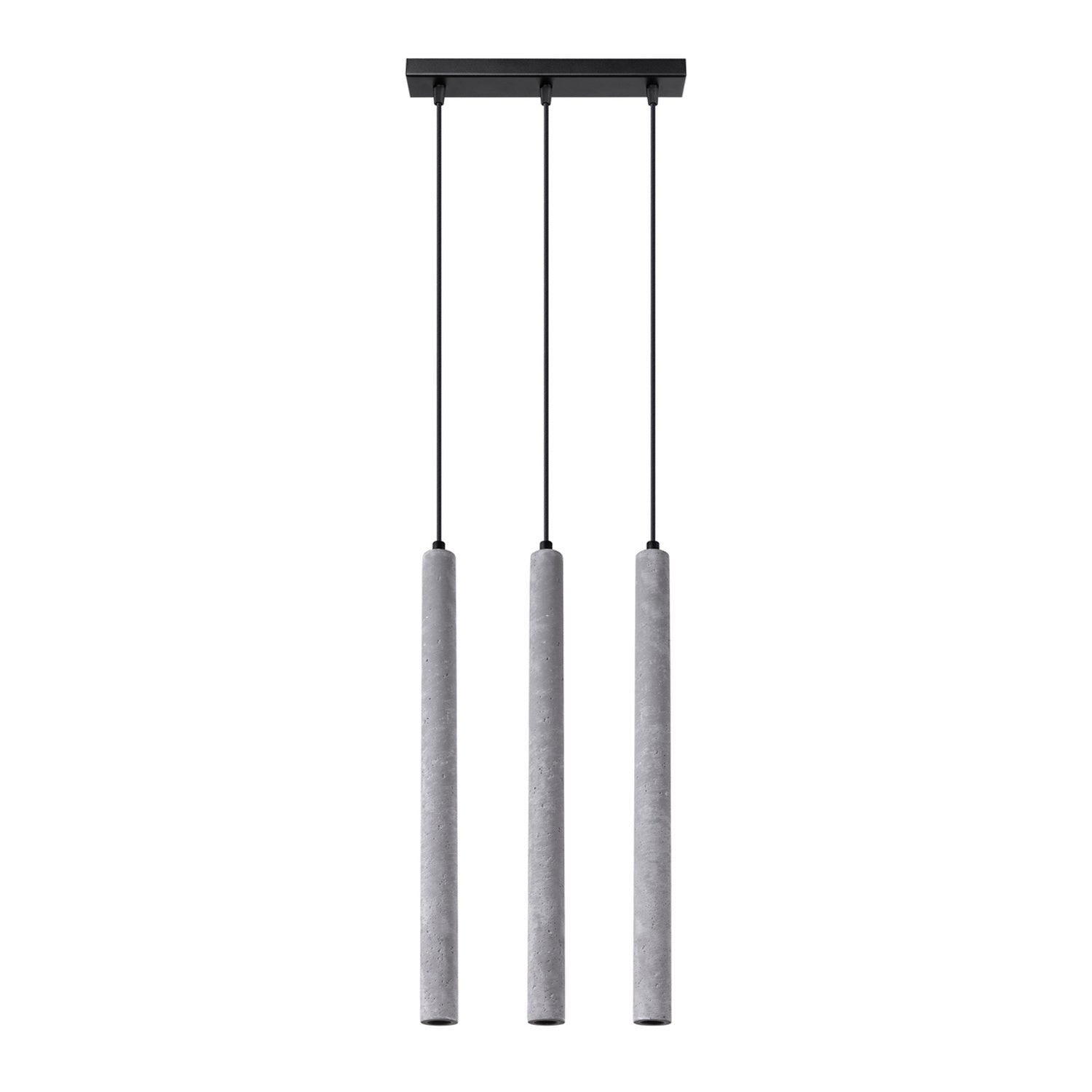Suspension Pastelo 3 en ligne tubes fins béton gris G9, trois fins tubes de béton gris brut en ligne sous une barre