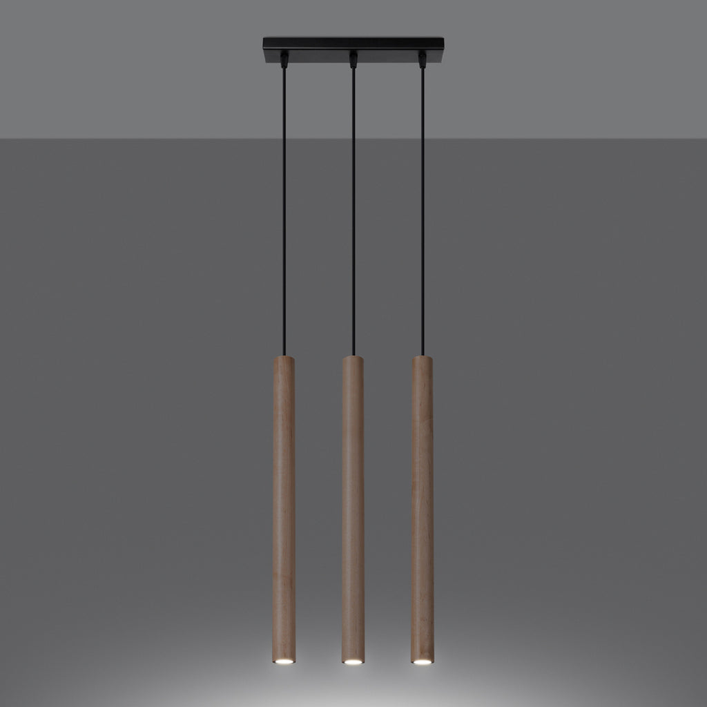 Suspension Pastelo 3 en ligne tubes fins bois G9 allumée, faisceau vers le bas