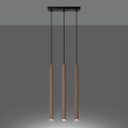 Suspension Pastelo 3 en ligne tubes fins bois G9 allumée, faisceau vers le bas