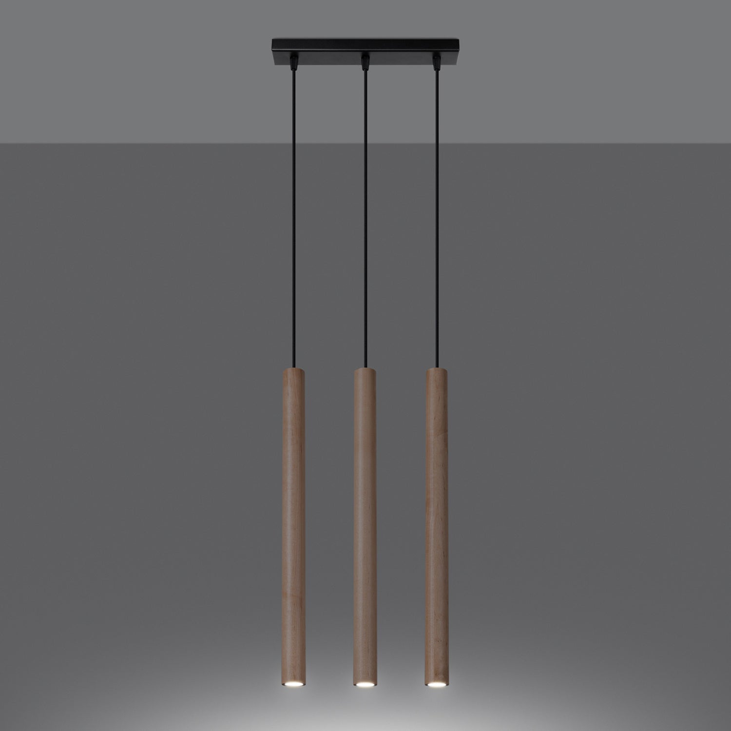 Suspension Pastelo 3 en ligne tubes fins bois G9 allumée, faisceau vers le bas