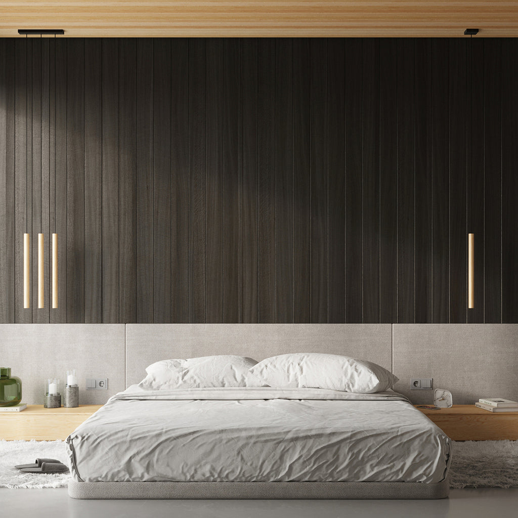 Suspension Pastelo 3 en ligne tubes fins bois G9, ambiance soignée