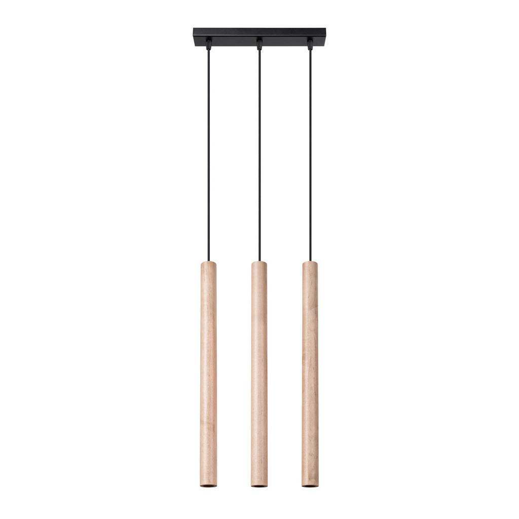 Suspension Pastelo 3 en ligne tubes fins bois G9, trois fins tubes de bois naturel en ligne sous une barre