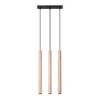 Suspension Pastelo 3 en ligne tubes fins bois G9, trois fins tubes de bois naturel en ligne sous une barre