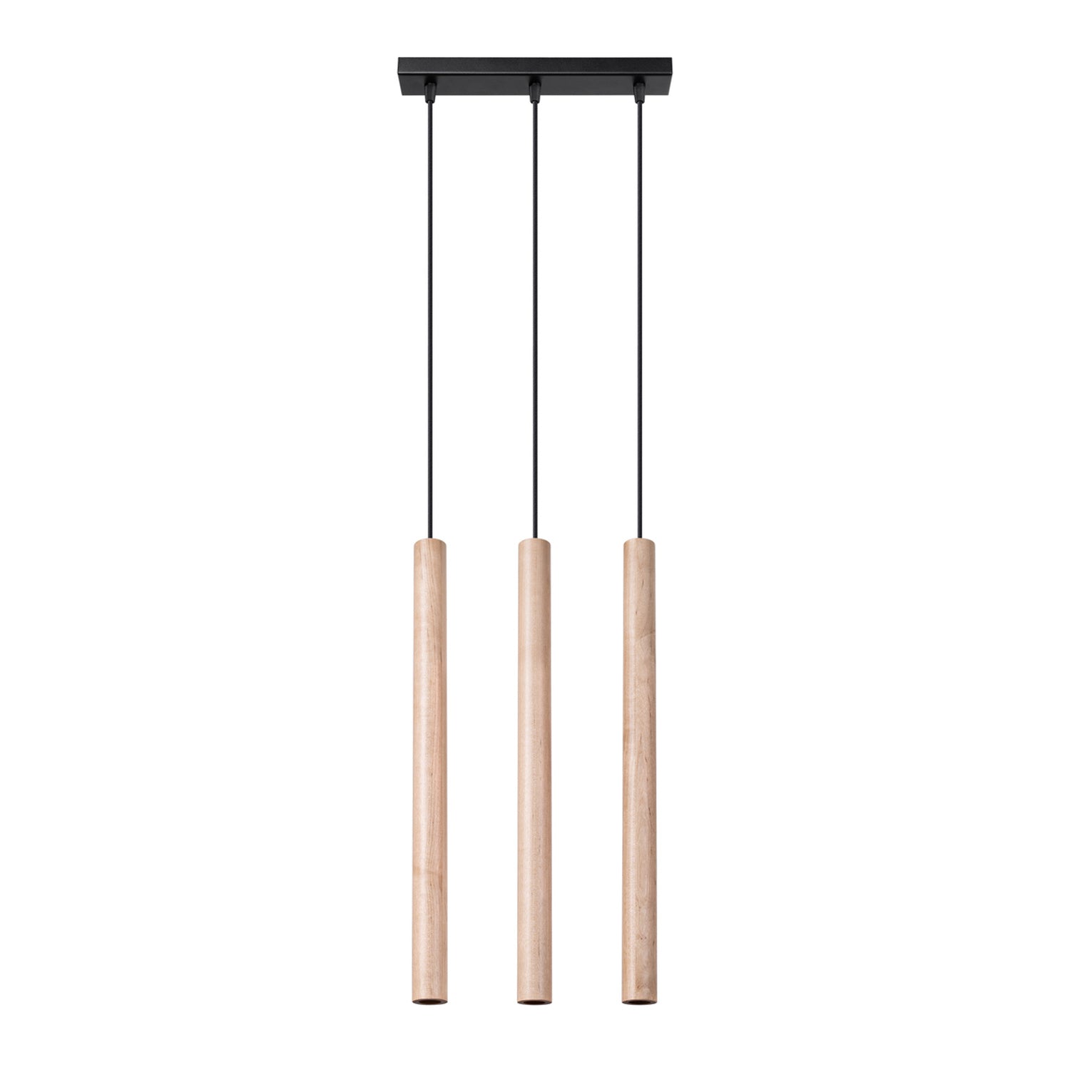 Suspension Pastelo 3 en ligne tubes fins bois G9, trois fins tubes de bois naturel en ligne sous une barre