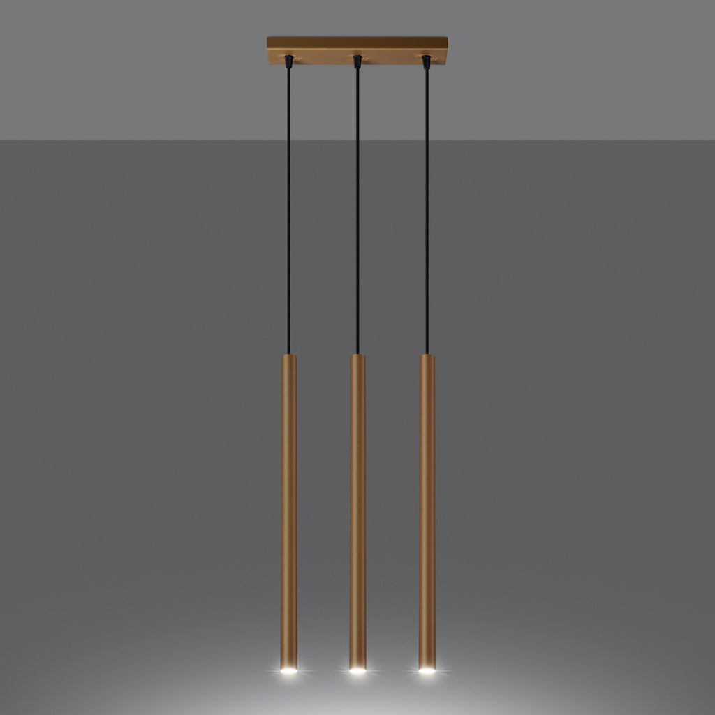 Suspension Pastelo 3 en ligne tubes fins doré G9 allumée, faisceau vers le bas