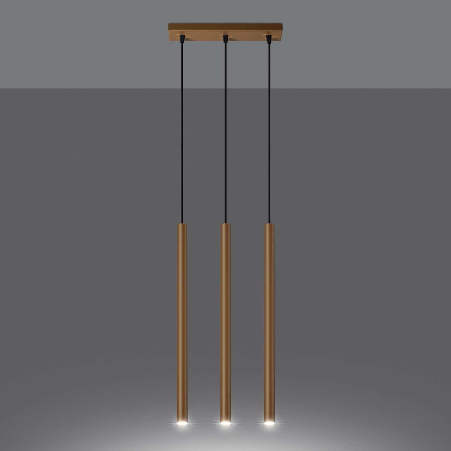 Suspension Pastelo 3 en ligne tubes fins doré G9 allumée, faisceau vers le bas