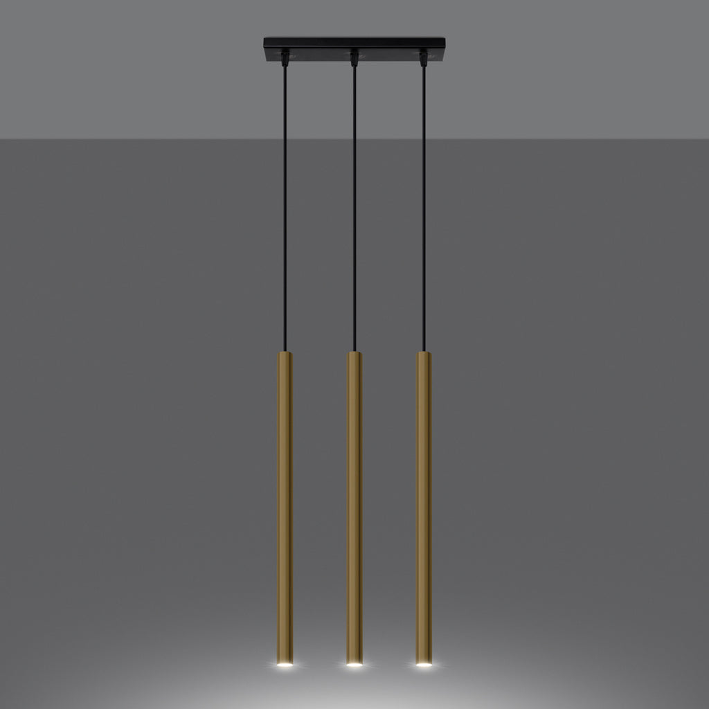 Suspension Pastelo 3 en ligne tubes fins doré poli G9 allumée, faisceau vers le bas