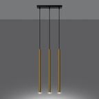 Suspension Pastelo 3 en ligne tubes fins doré poli G9 allumée, faisceau vers le bas