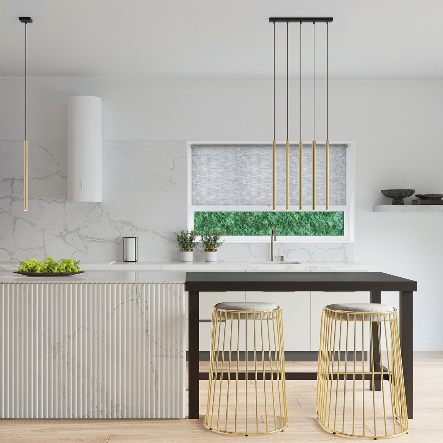 Suspension Pastelo 3 en ligne tubes fins doré poli G9, ambiance contemporaine