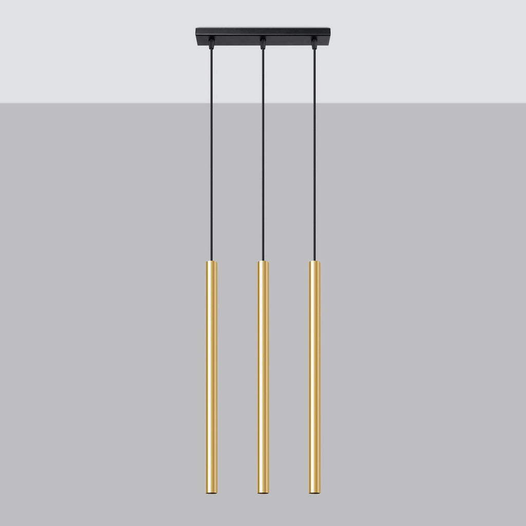 Suspension Pastelo 3 en ligne tubes fins doré poli G9 de profil