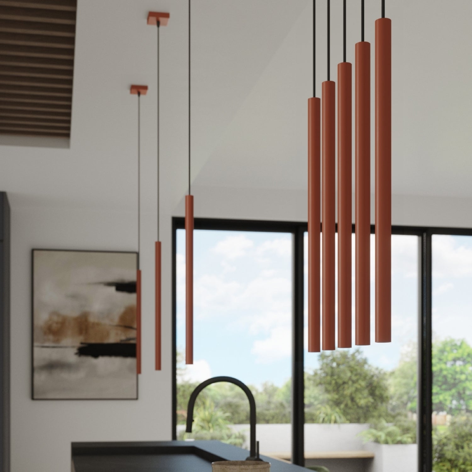 Suspension Pastelo 3 en ligne tubes fins rouge ocre G9 en situation dans un intérieur