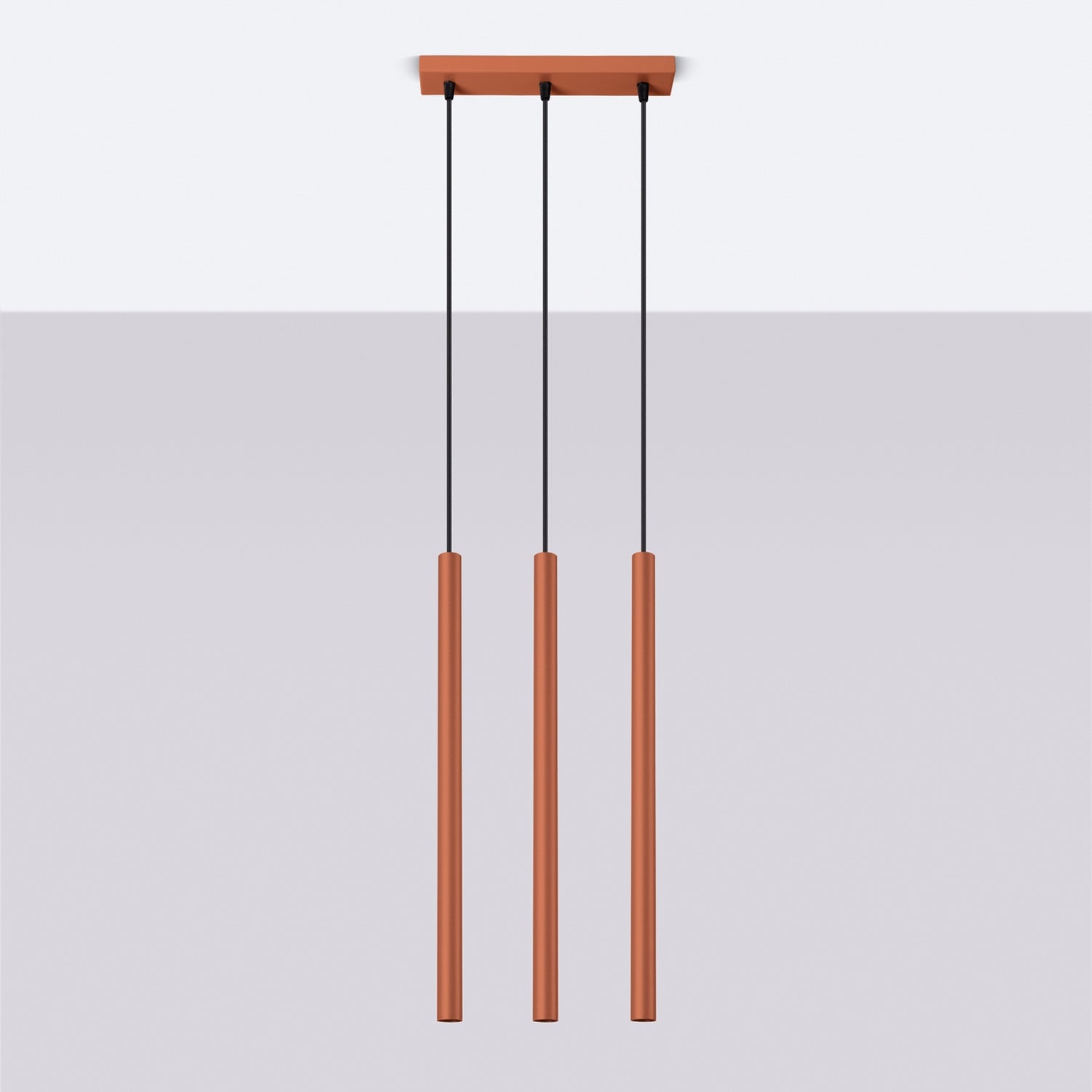 Suspension Pastelo 3 en ligne tubes fins rouge ocre G9 de profil