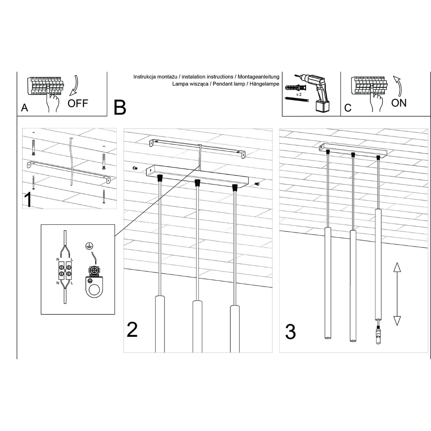 Notice de montage : Suspension Pastelo 3 en ligne tubes fins rouge ocre G9