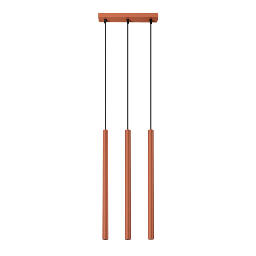 Suspension Pastelo 3 en ligne tubes fins rouge ocre G9, fin tube effilé en acier laqué