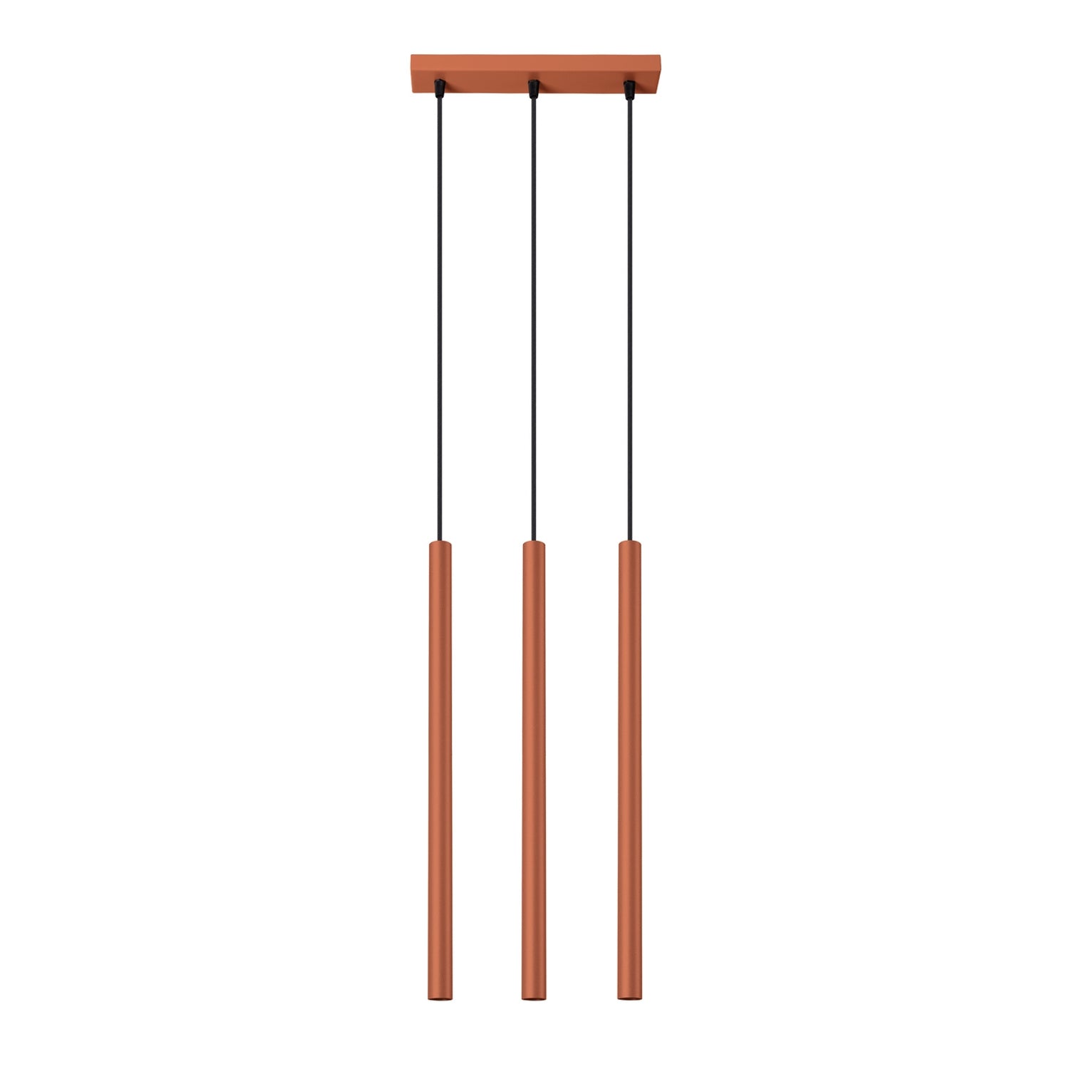 Suspension Pastelo 3 en ligne tubes fins rouge ocre G9, fin tube effilé en acier laqué