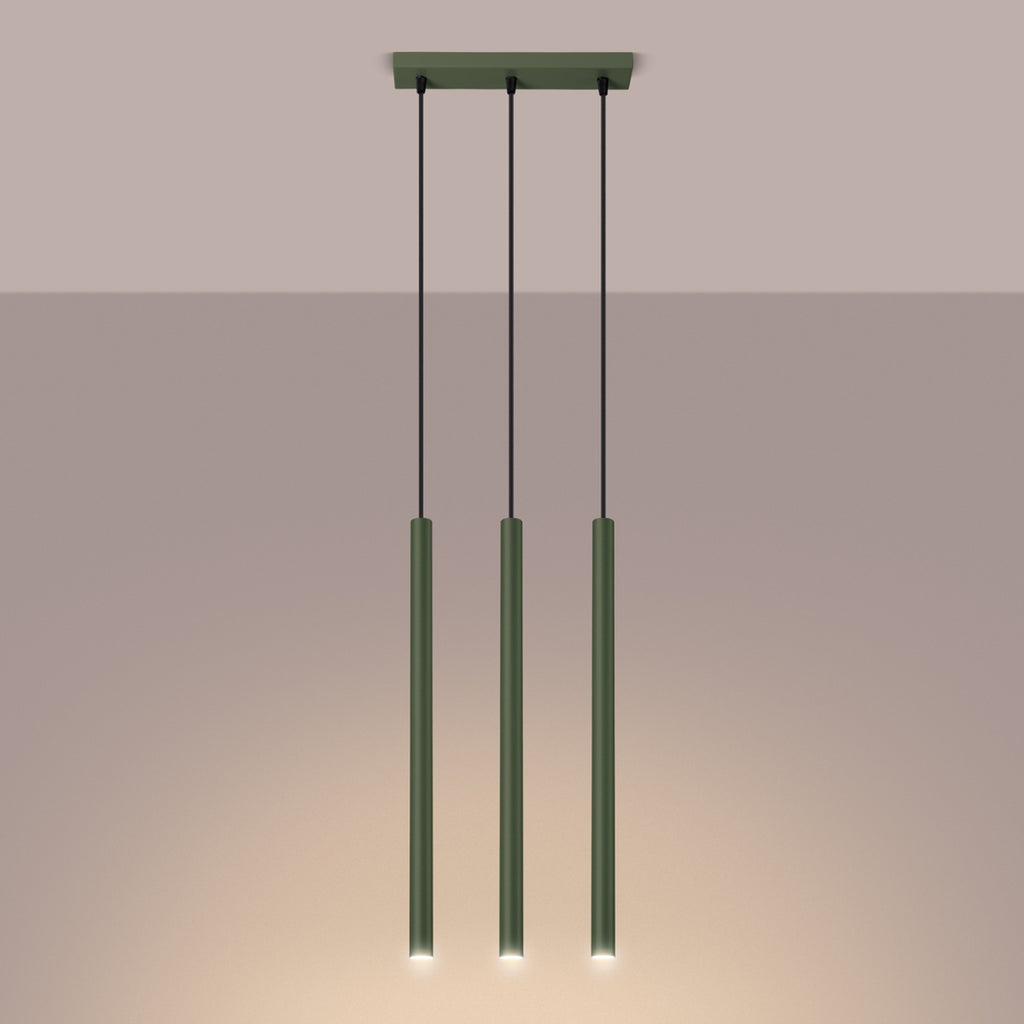 Suspension Pastelo 3 en ligne tubes fins vert olive G9 allumé