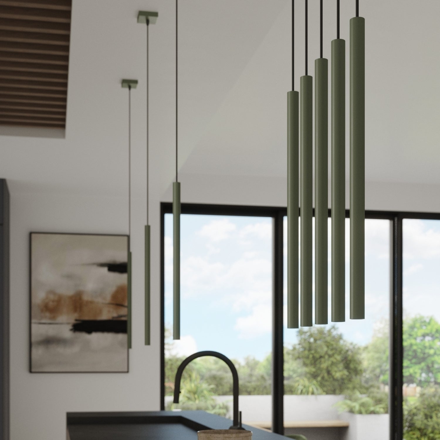 Suspension Pastelo 3 en ligne tubes fins vert olive G9 en situation dans un intérieur