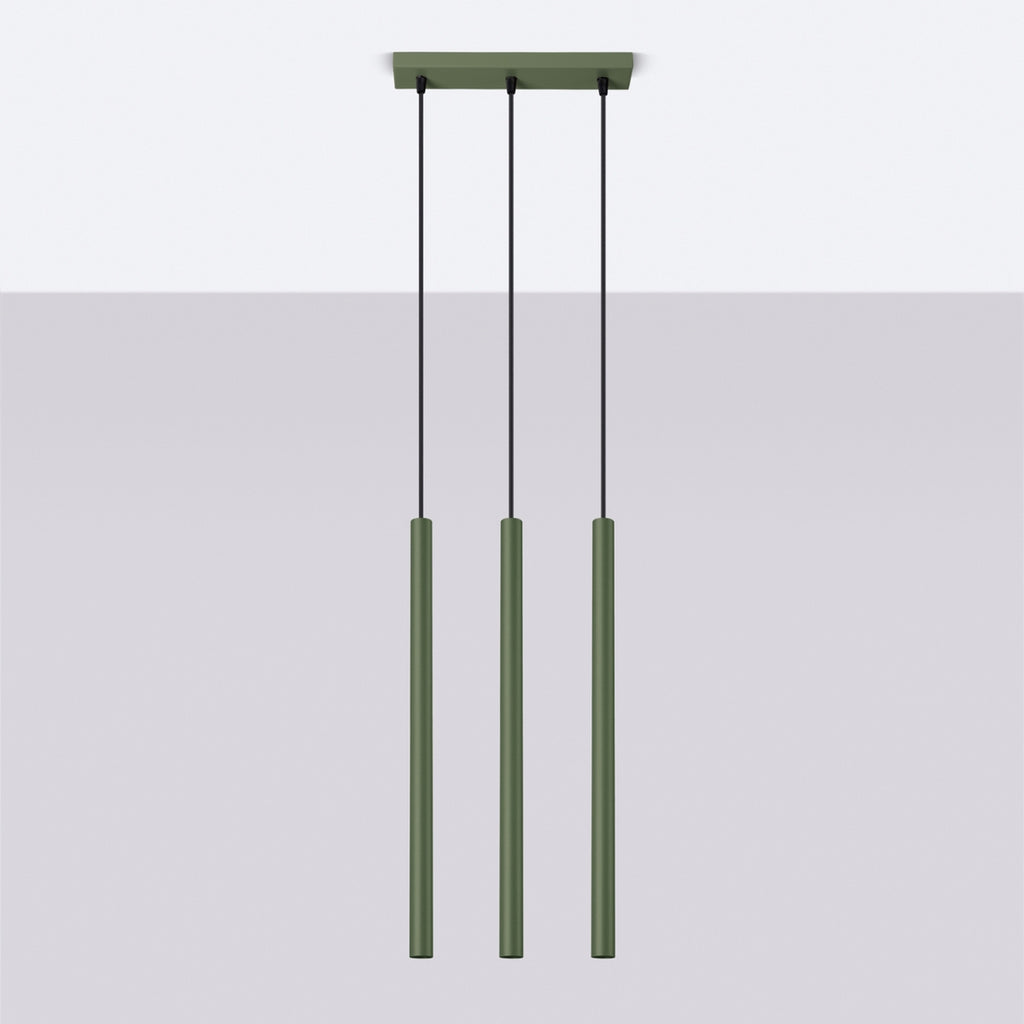 Suspension Pastelo 3 en ligne tubes fins vert olive G9 de profil