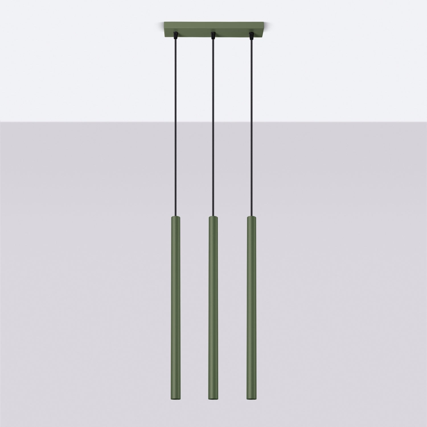 Suspension Pastelo 3 en ligne tubes fins vert olive G9 de profil