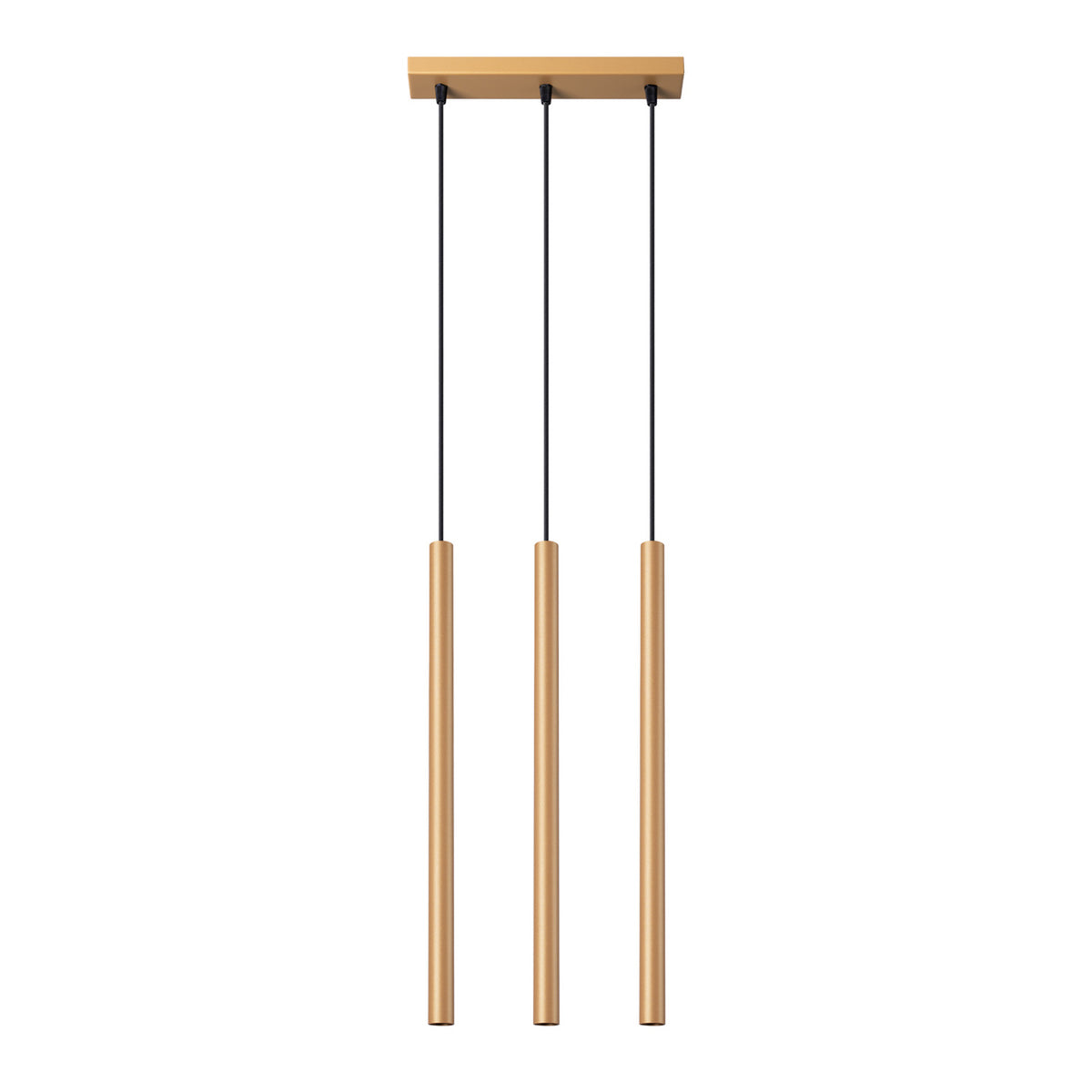 Suspension Pastelo à trois tubes fins en acier doré mat suspendus à une barre sur fond blanc