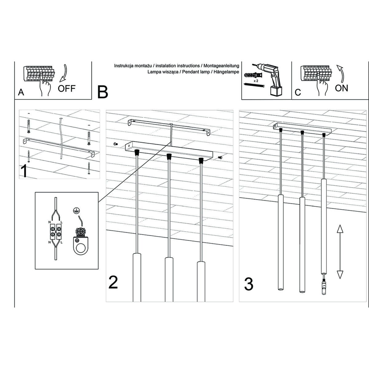 Schéma de montage de la suspension Pastelo fixation de la barre branchement et accès à l'ampoule par le bas du tube