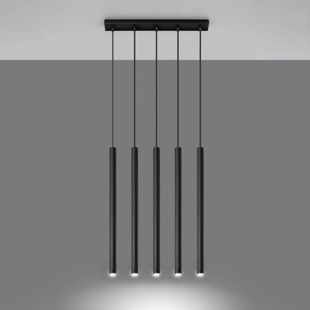 Suspension Pastelo 5 acier noir allumée, faisceaux dirigés vers le bas