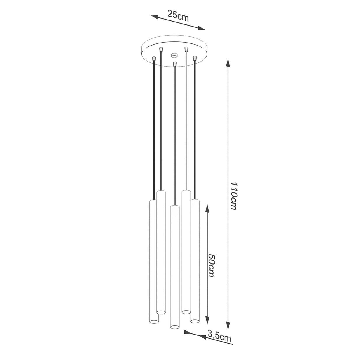 Schéma coté suspension Pastelo cinq tubes en grappe rosace 25 cm hauteur 110 cm tubes 50 cm
