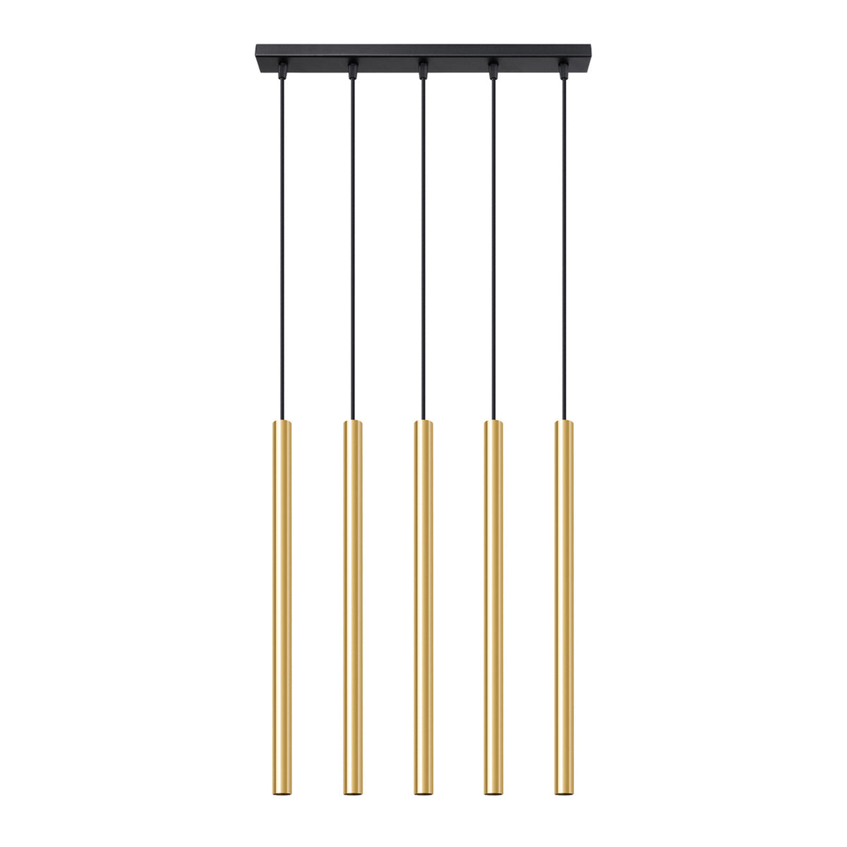 Suspension Pastelo Doré poli cinq tubes fins alignés sous une barre de plafond noire