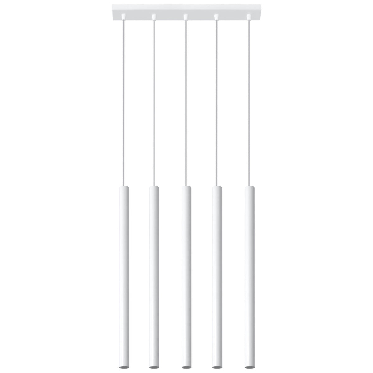 Suspension Pastelo Laque blanche cinq tubes fins alignés sous une barre de plafond assortie