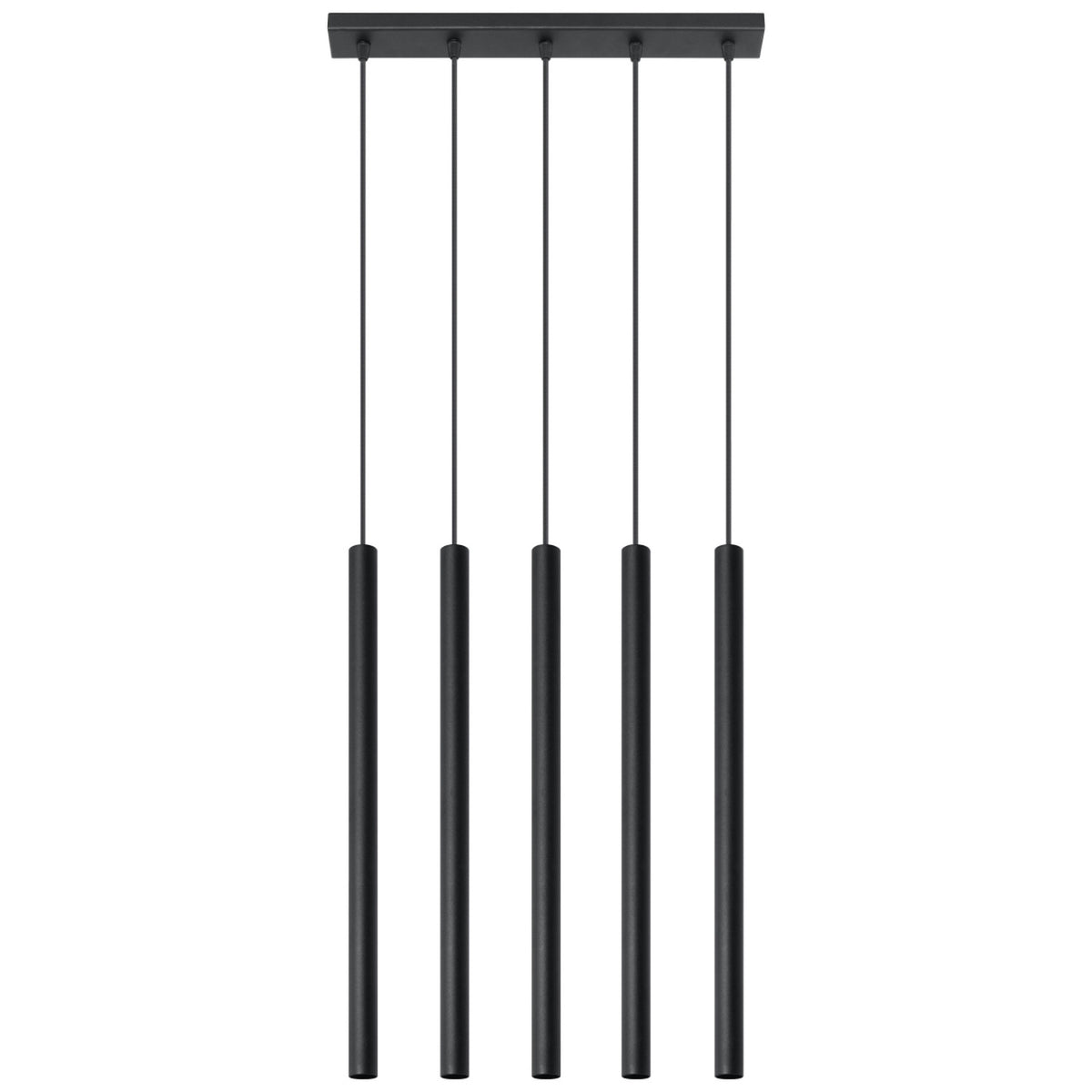Suspension Pastelo Laque noire cinq tubes fins alignés sous une barre de plafond assortie