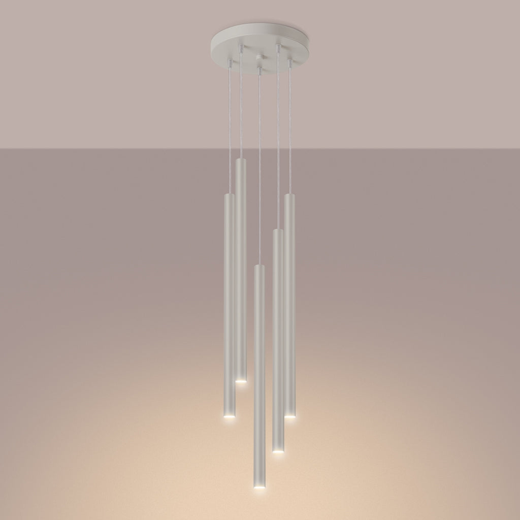 Suspension Pastelo 5 en grappe tubes fins beige G9 allumé