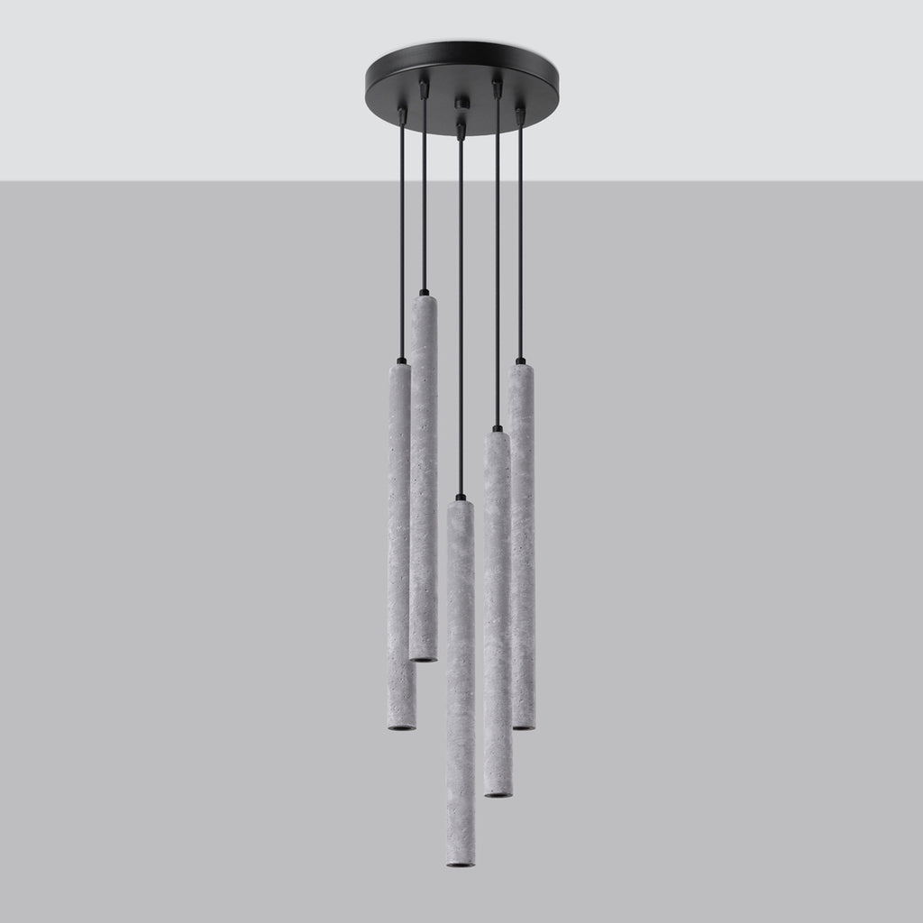 Suspension Pastelo 5 en grappe tubes fins béton gris G9 de profil
