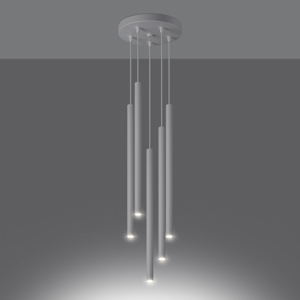 Suspension Pastelo 5 en grappe tubes fins blanc G9 allumée, faisceau vers le bas