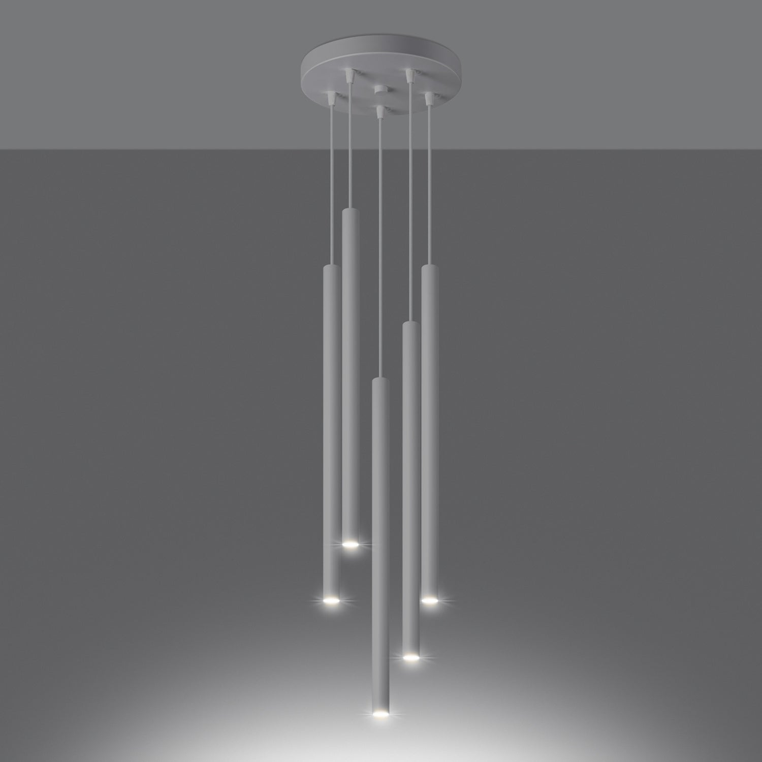 Suspension Pastelo 5 en grappe tubes fins blanc G9 allumée, faisceau vers le bas
