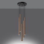 Suspension Pastelo 5 en grappe tubes fins bois G9 allumée, faisceau vers le bas