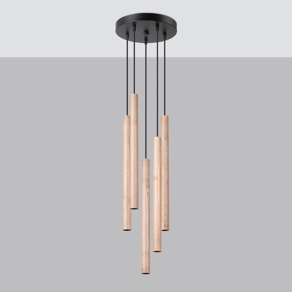 Suspension Pastelo 5 en grappe tubes fins bois G9 de profil