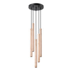 Suspension Pastelo 5 en grappe tubes fins bois G9, cinq fins tubes de bois naturel en grappe sur une rosace ronde