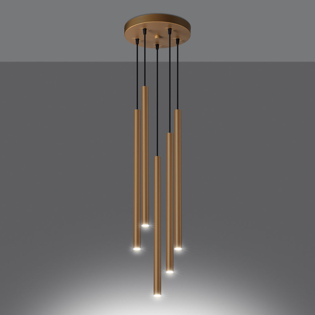 Suspension Pastelo 5 en grappe tubes fins doré G9 allumée, faisceau vers le bas