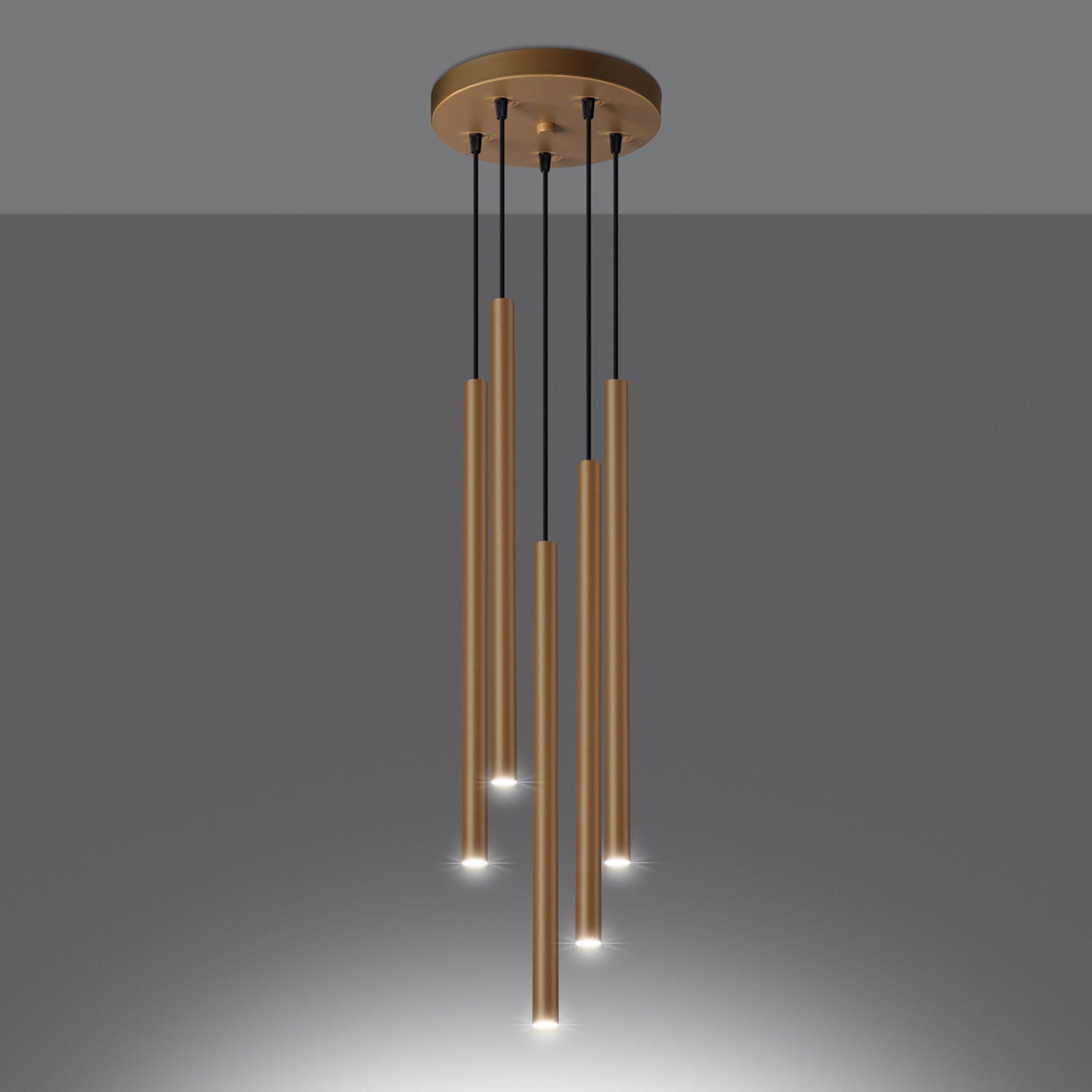 Suspension Pastelo 5 en grappe tubes fins doré G9 allumée, faisceau vers le bas