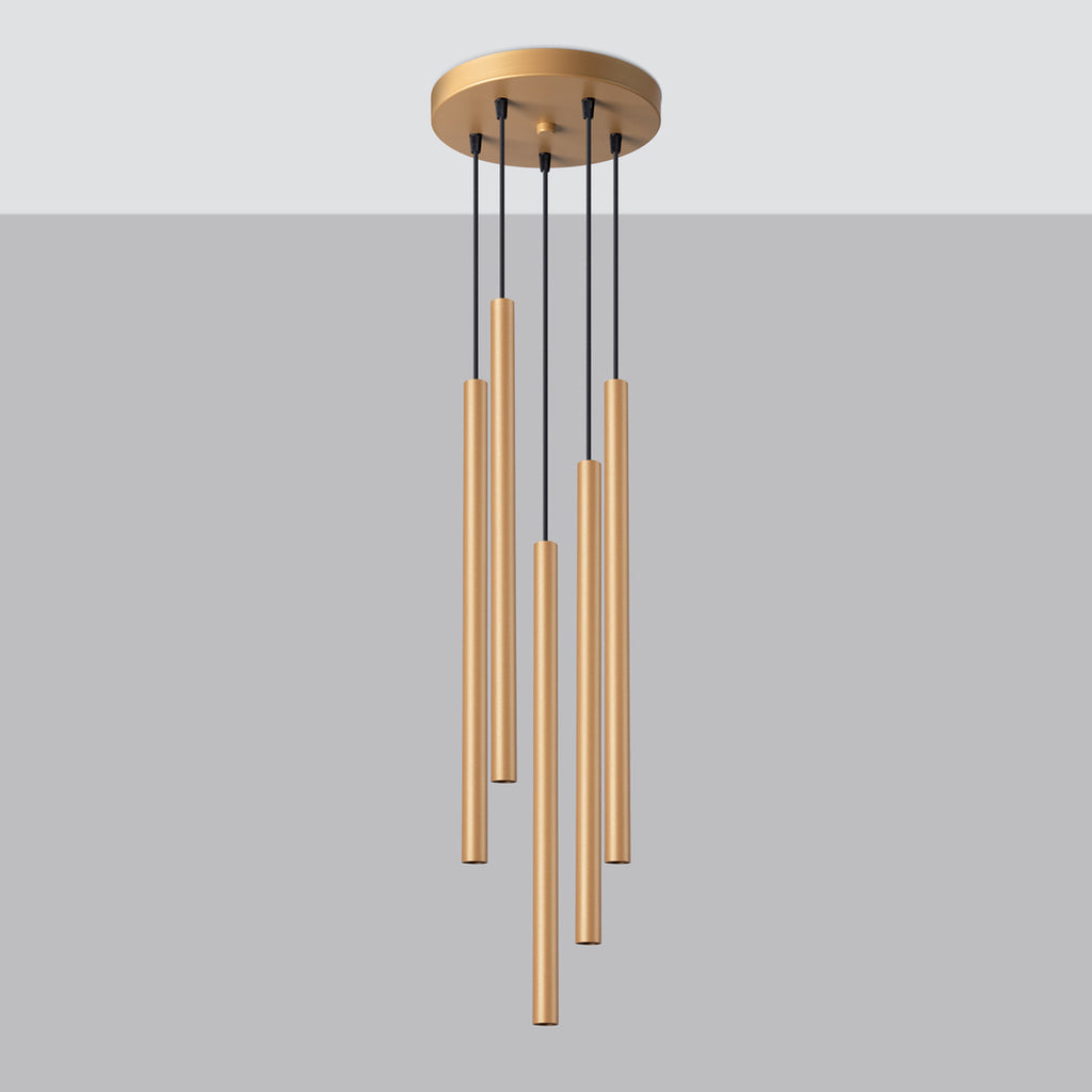 Suspension Pastelo 5 en grappe tubes fins doré G9 de profil