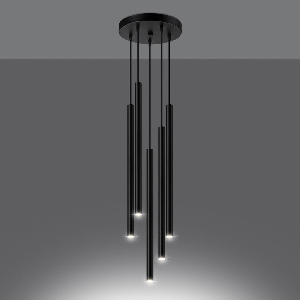 Suspension Pastelo 5 en grappe tubes fins noir G9 allumée, faisceau vers le bas