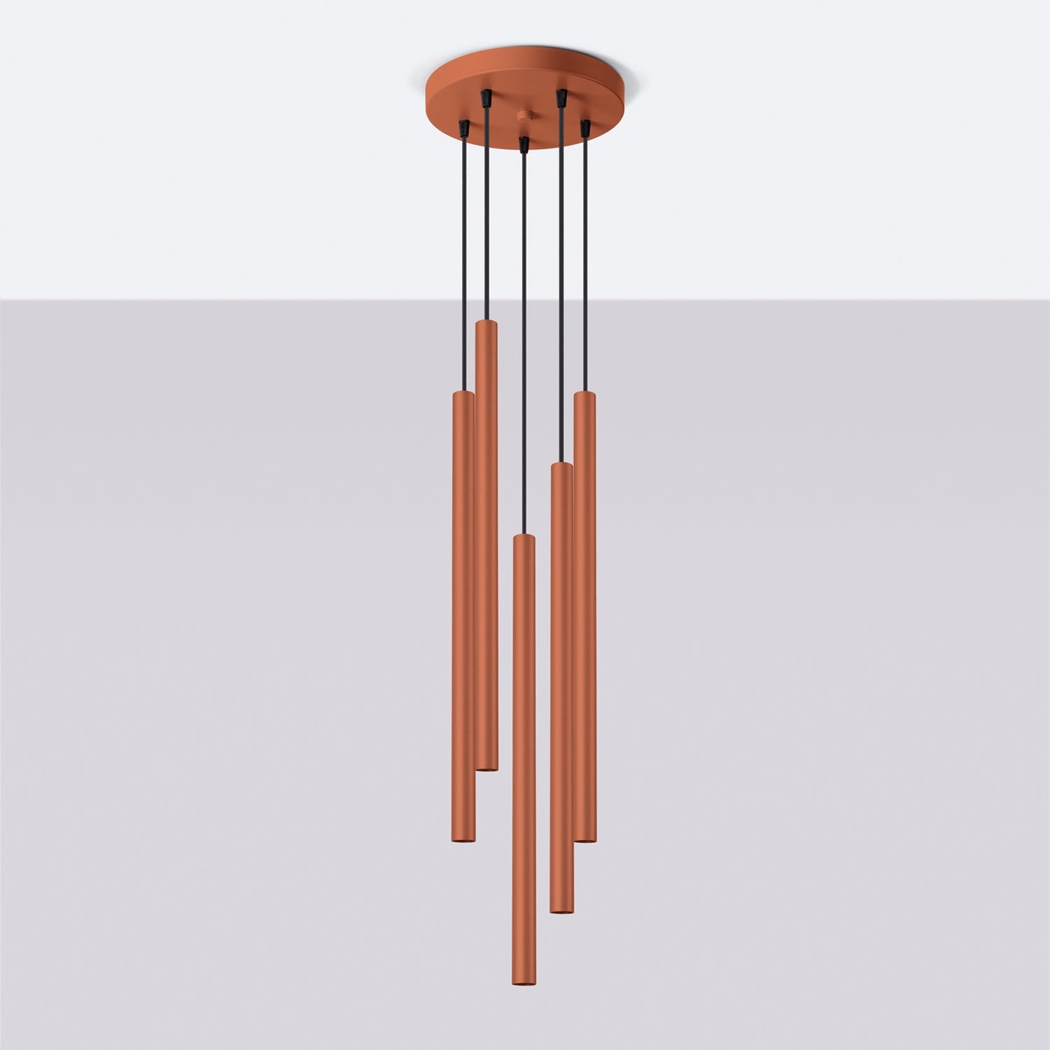 Suspension Pastelo 5 en grappe tubes fins rouge ocre G9 de profil