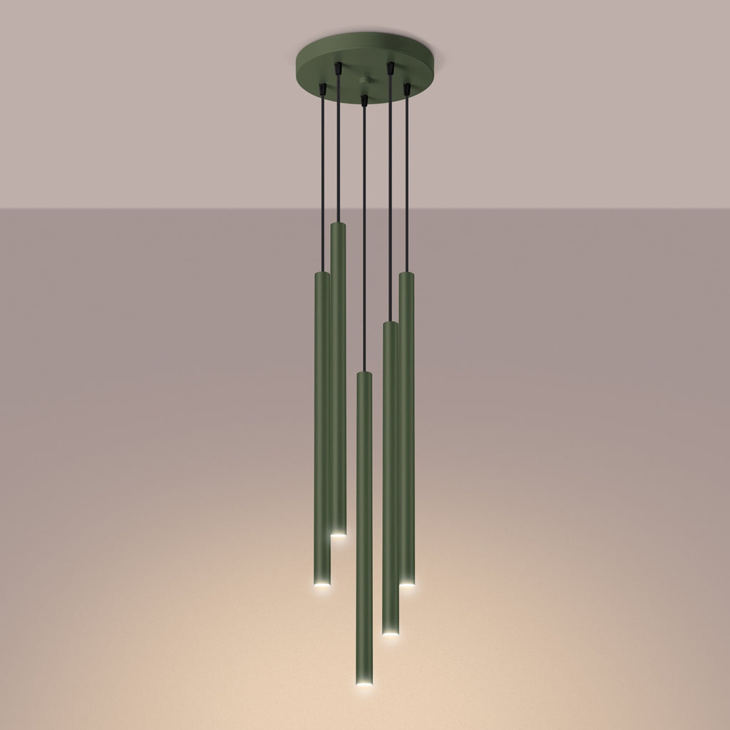 Suspension Pastelo 5 en grappe tubes fins vert olive G9 allumé
